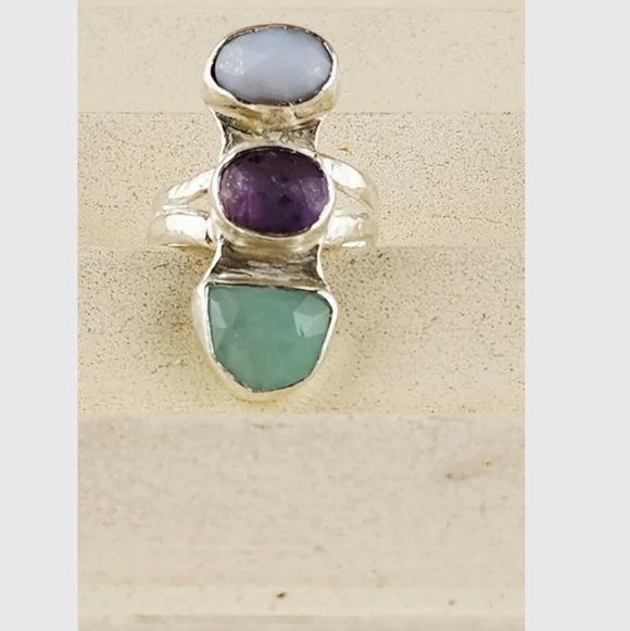 AMETHYST, AMAZONOT & LACE AGATE DOUBLE BAND HSNDMADE RING Size 6.5 - Picture 2 of 6